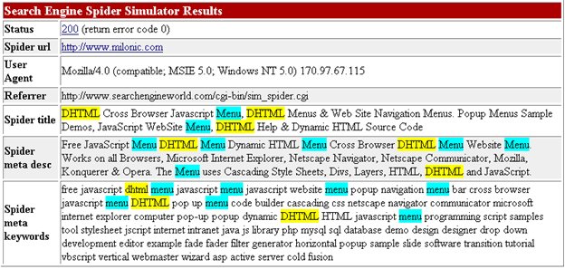 Keywords for Milonic.com's DHTML menu appear at the page title, meta description and keyword tags
